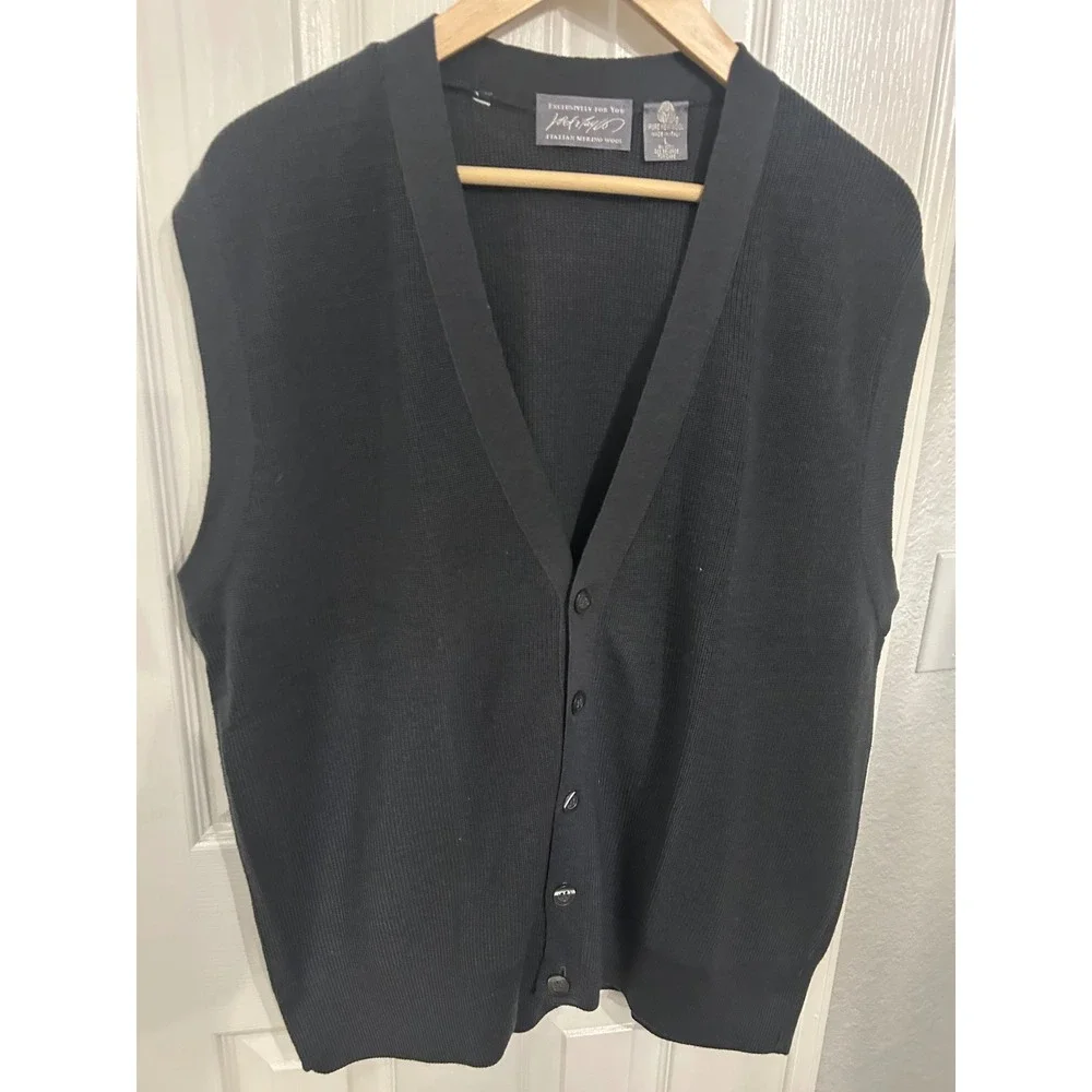 Lord & Taylor Mens Italian Merino Wool Cardigan Vest Black V-Neck Button Front L